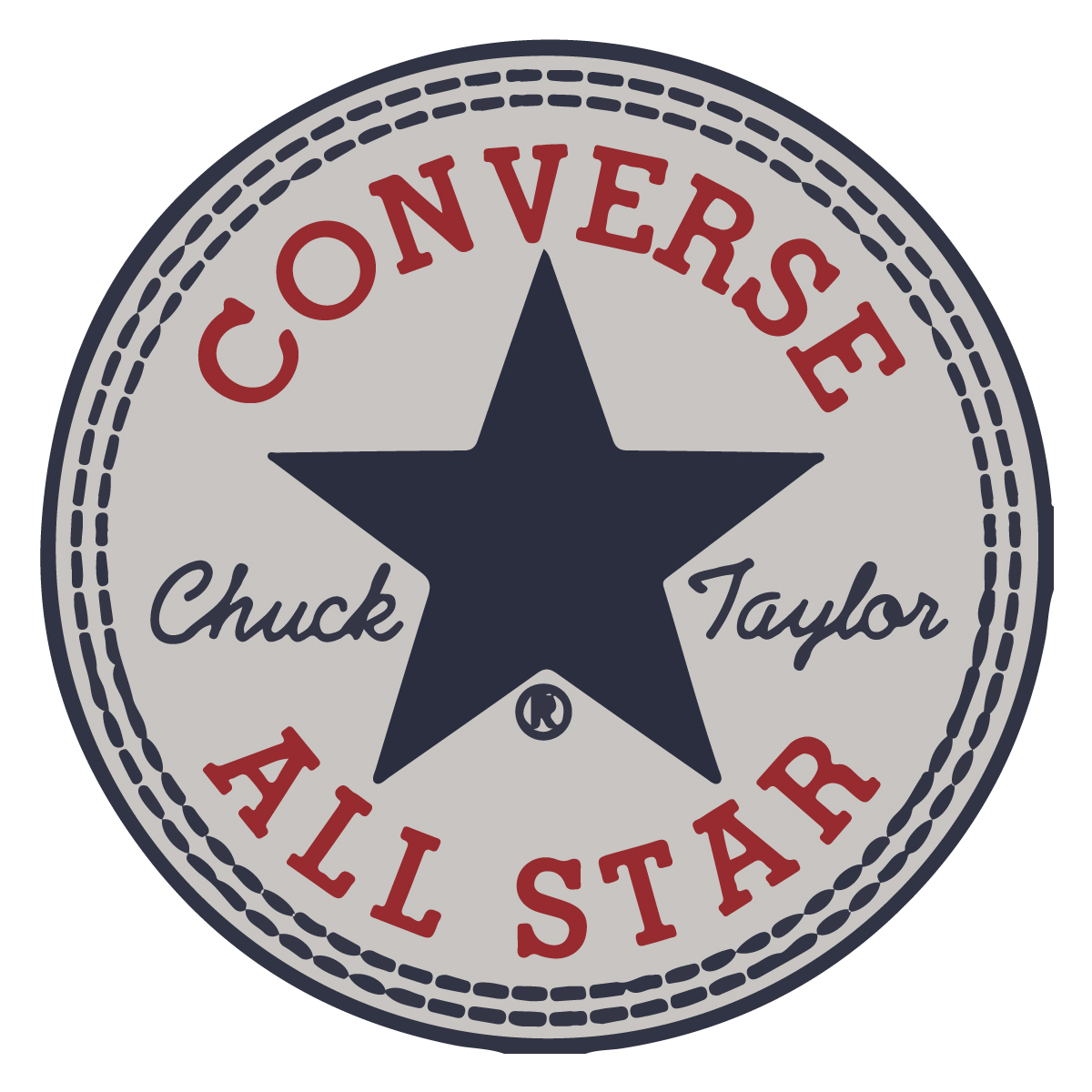 Logo de COnverse modelo Chuck taylor, con la firma de chuck taylor y una estrella azúl en el centro 