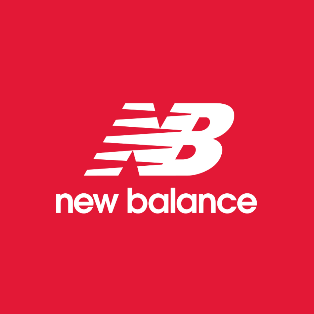 Logo de la marca new balance en color blanco sobre un fondo color rojo